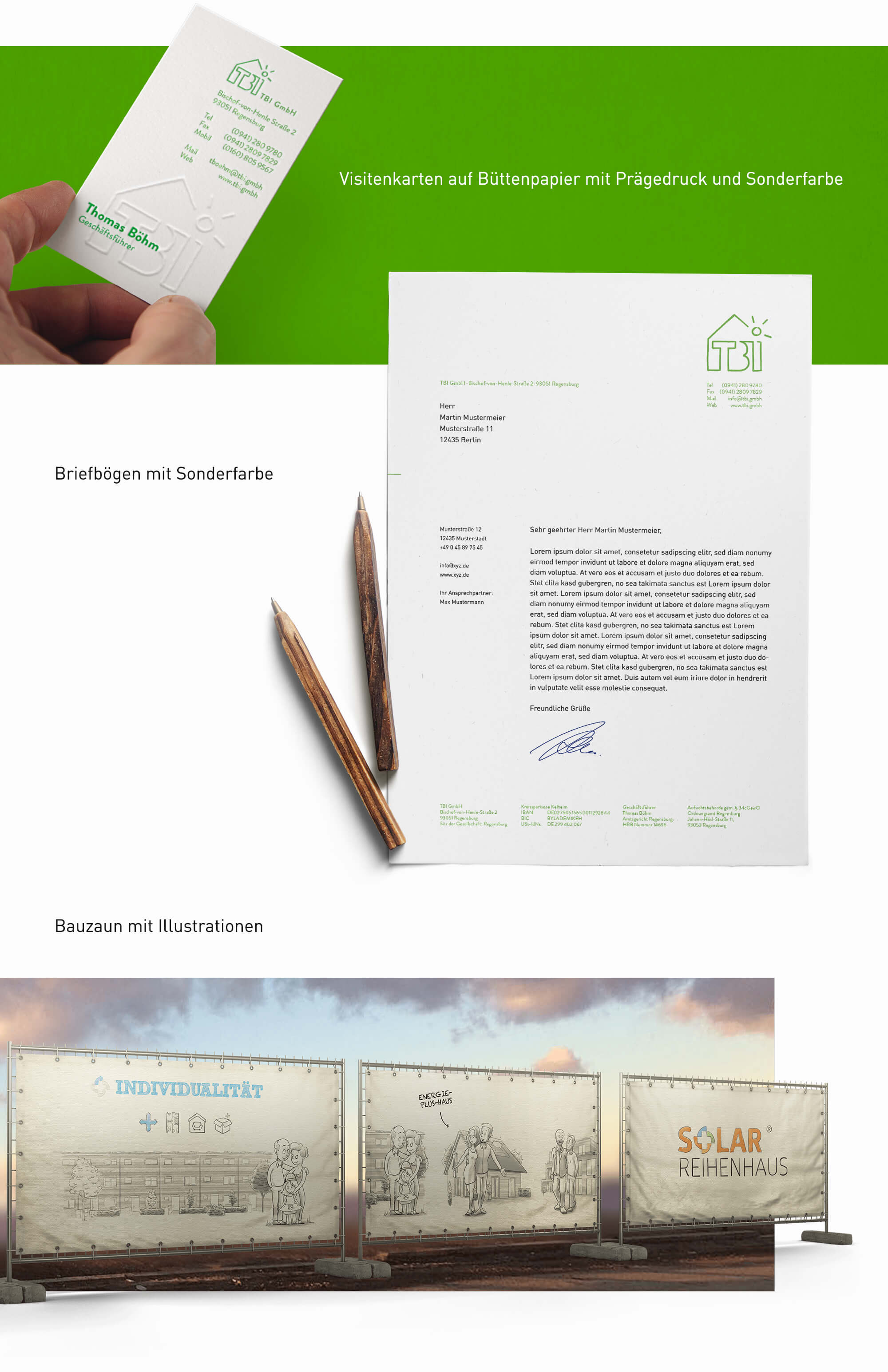 TBI Immobilien Corporate Indentity, Geschäftsausstattung, diverse Printmaterialien wie Poster für Bauzaun