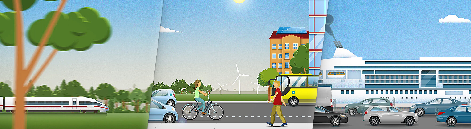 Erklärvideo: Illustrationen Klimaschutz im Verkehr alternative Energiequellen und E-Mobilität