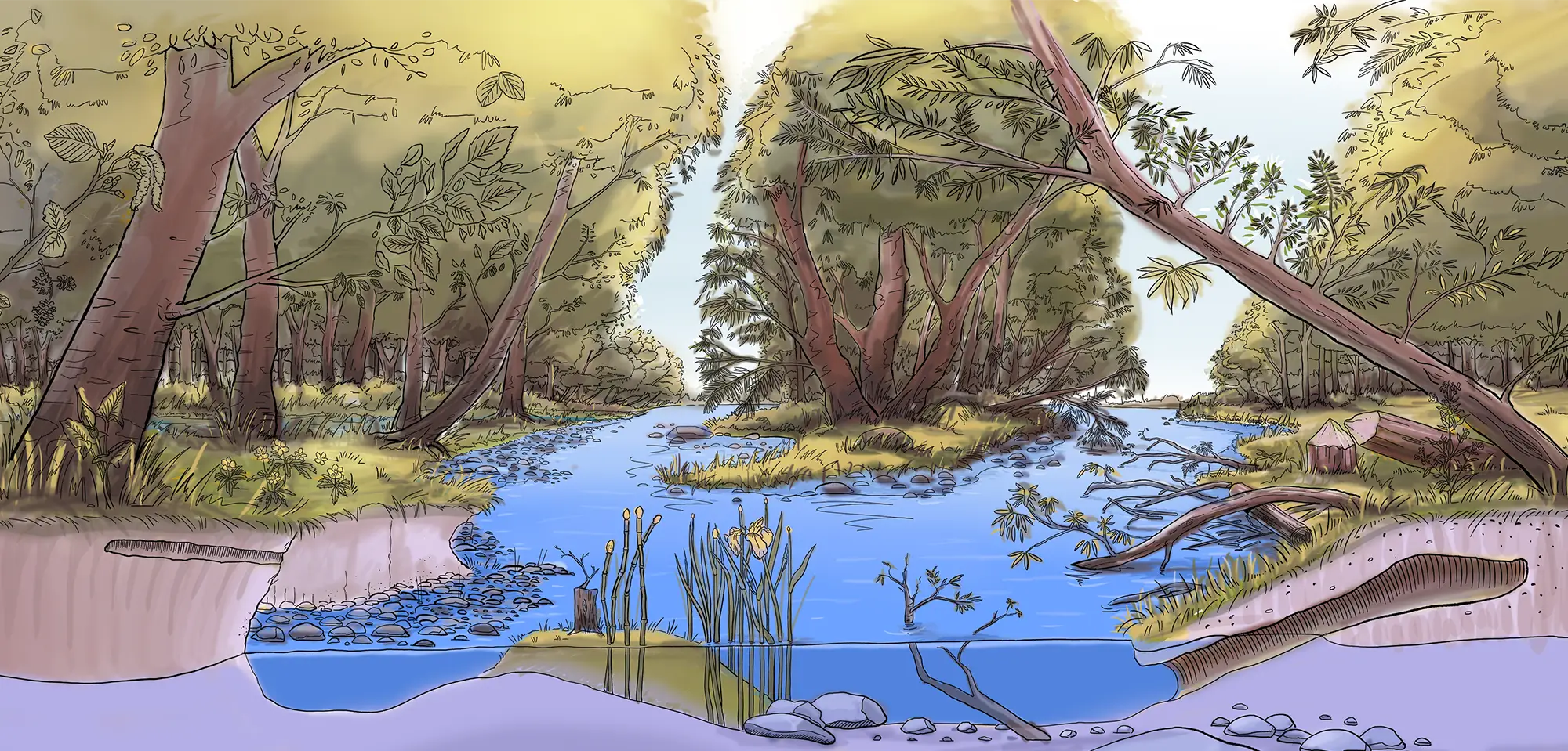 Digitale Illustration einer Auenlandschaft in der Schweiz