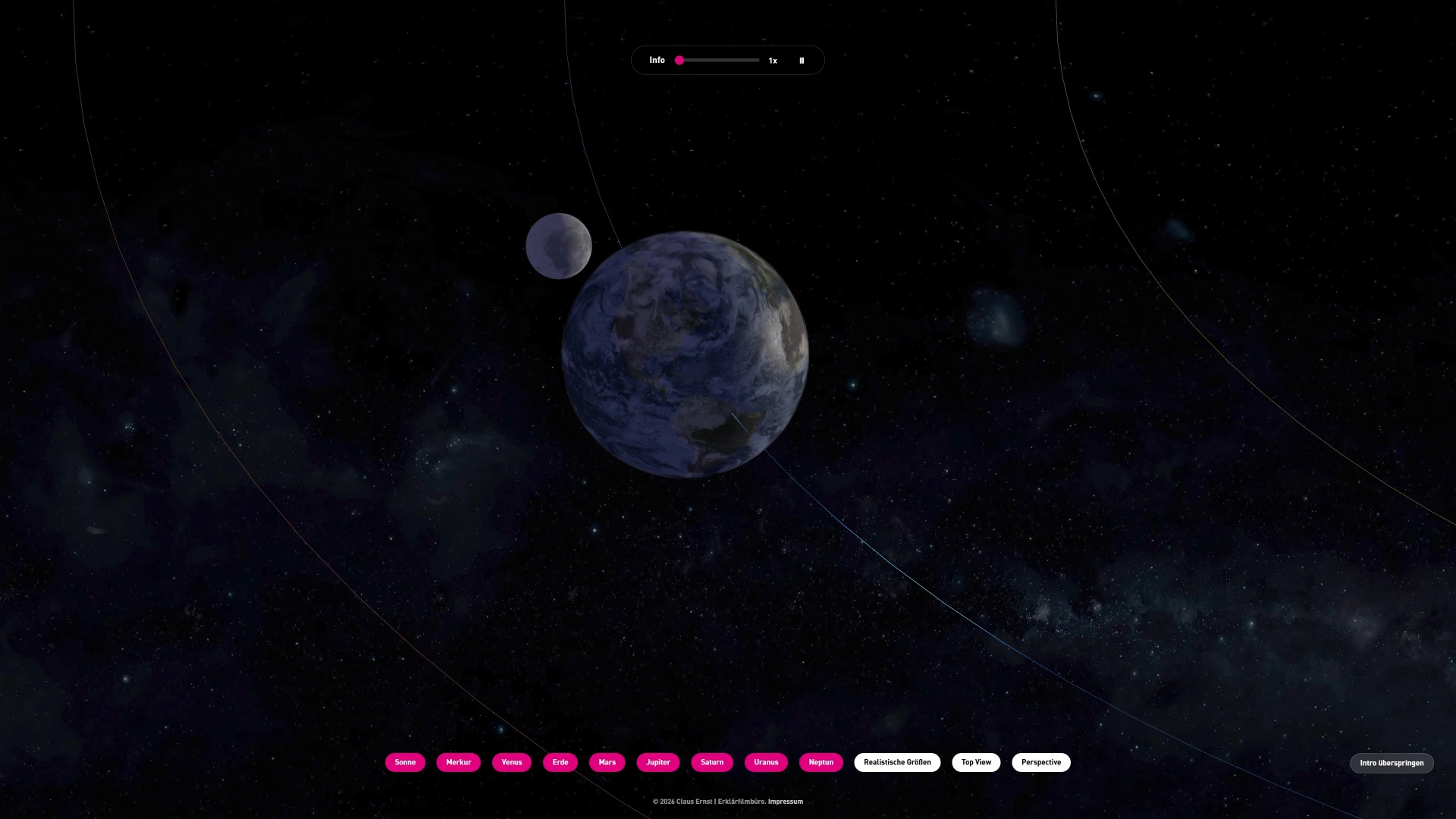 Vorschaubild einer interaktiven Animation des Sonnensystems für eine Sonderausstellung der Experimenta mit three.js