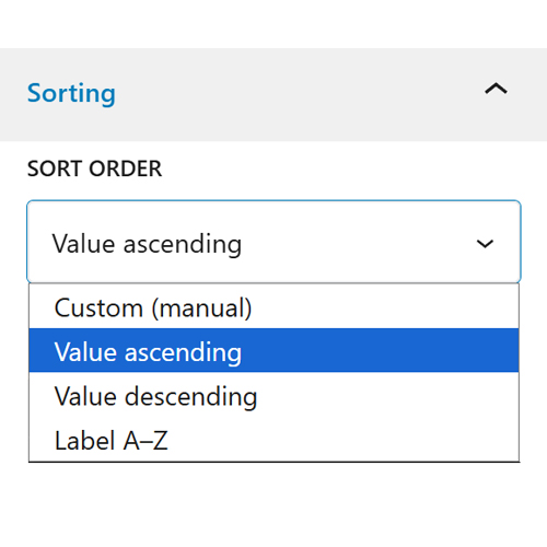 Screenshot-Plugin-Backend: Sortieren Sie Datenpunkte nach benutzerdefinierter Reihenfolge, nach Wert (aufsteigend/absteigend) oder nach Bezeichnung (A–Z).