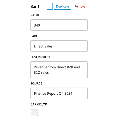 Backend-Plugin für Diagramme: Balken hinzufügen und Werte bearbeiten: erstellen, duplizieren, sortieren und bearbeiten.